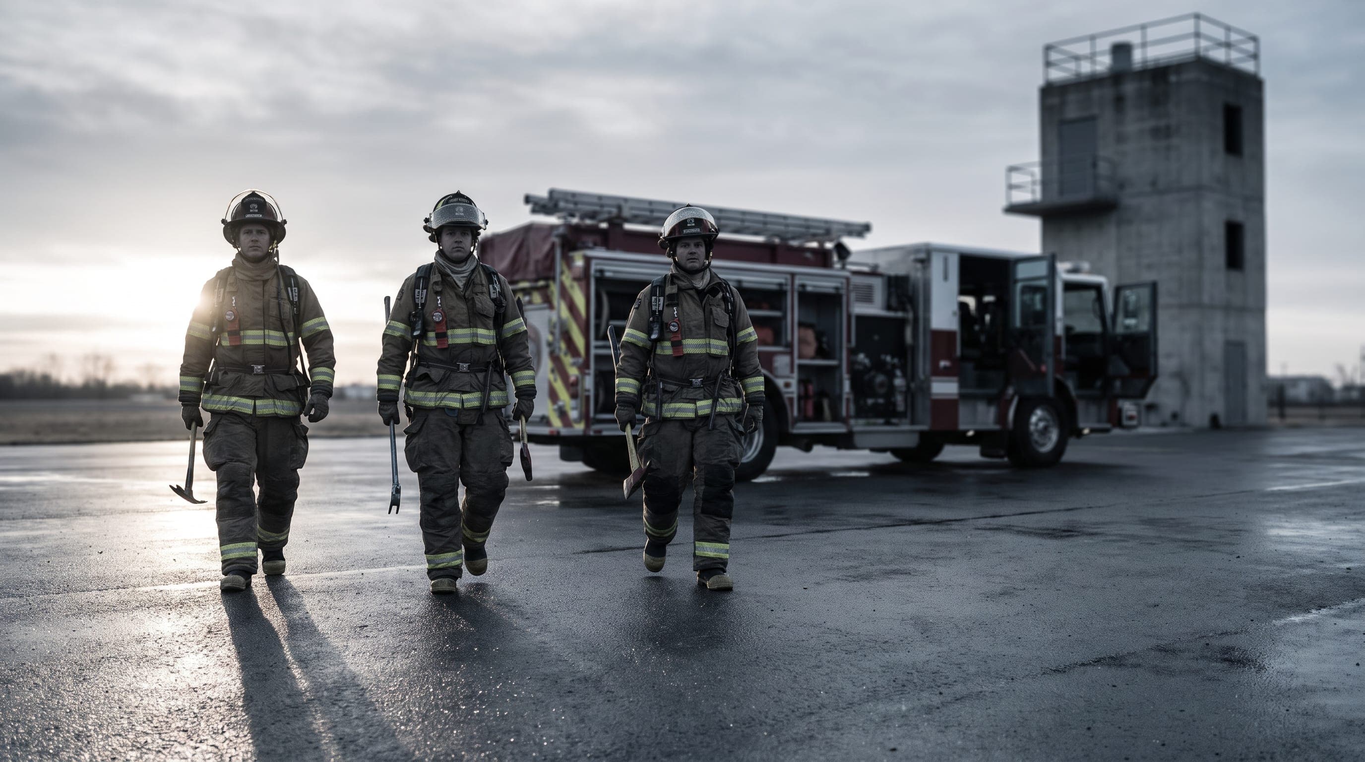 Three firefighters in full turnout gear walking from an engine at a training ground at dawn